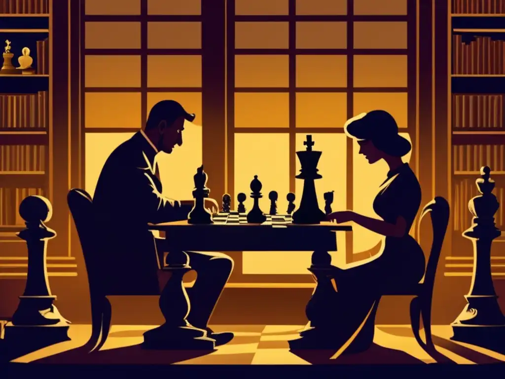 Dos personas juegan ajedrez en una habitación con iluminación tenue, rodeadas de libros antiguos y relojes, capturando el impacto cultural y el desafío intelectual del ajedrez.