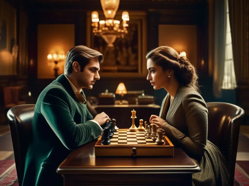 Dos personas juegan ajedrez en una habitación vintage, con influencia del ajedrez en literatura.