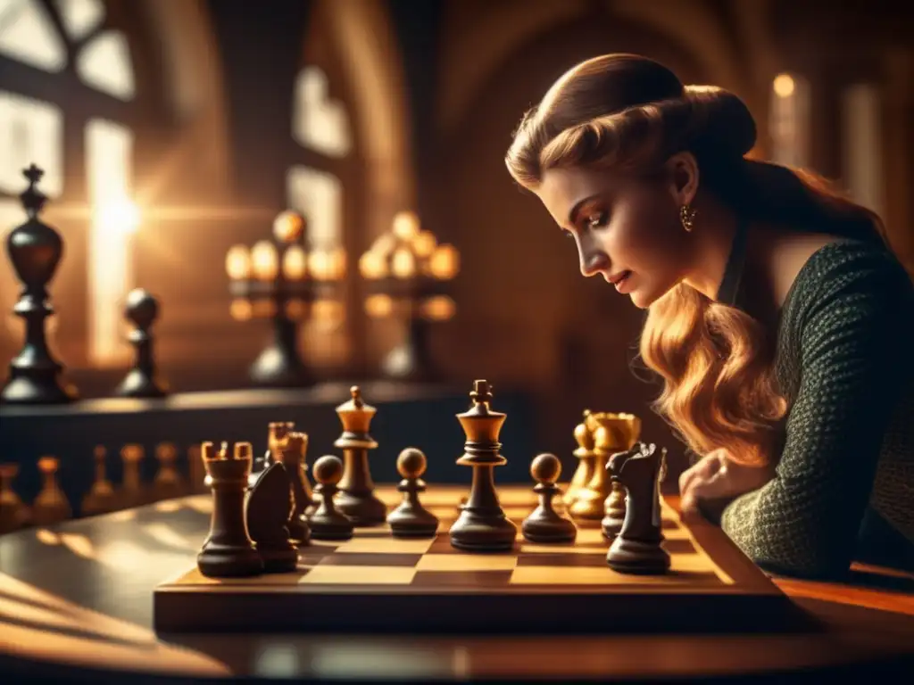Dos personas concentradas juegan ajedrez en una habitación elegante y tenue, resaltando los beneficios mentales del ajedrez.