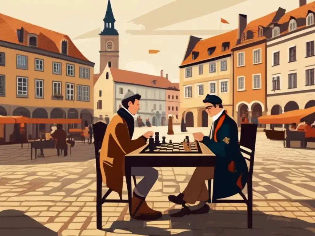 Dos personas juegan damas en una plaza europea histórica, evocando la nostalgia y la tradición del juego de estrategia en Europa.