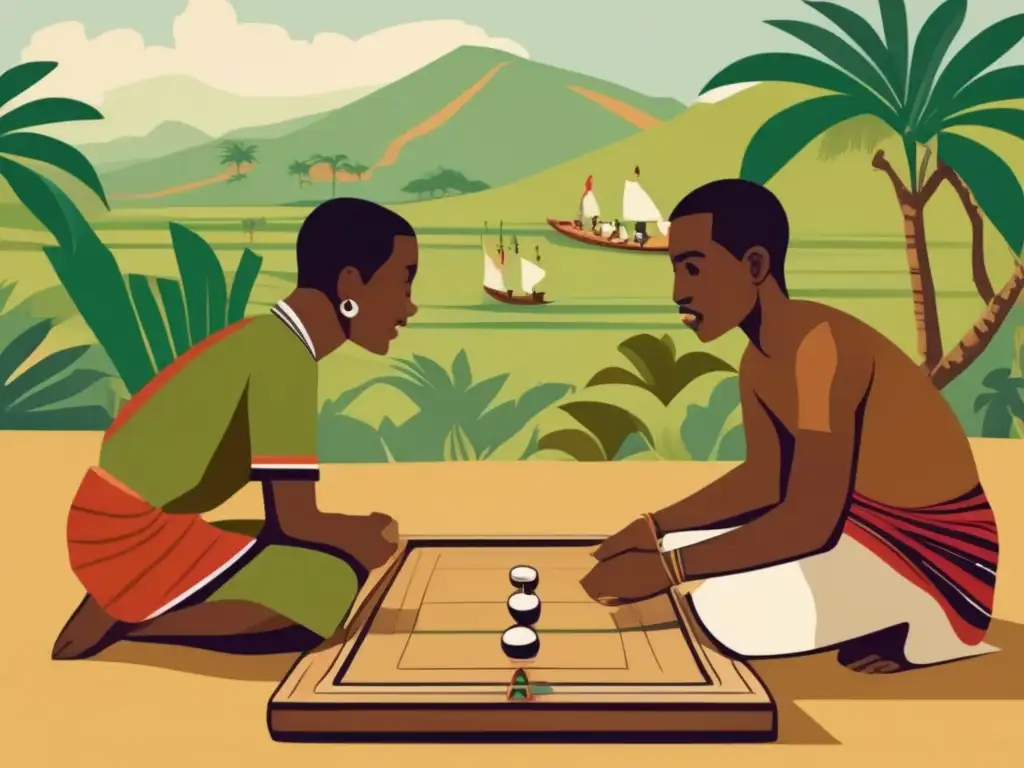 Dos personas juegan Fanorona con concentración en un entorno tradicional malgache. <b>Se aprecia el origen y estrategias del juego.