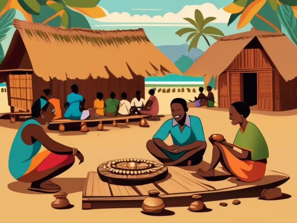 Dos personas juegan Fanorona en un pueblo tradicional de Madagascar. El tablero y las piedras pulidas capturan la esencia cultural del juego. <b>Origen y estrategias del juego Fanorona.