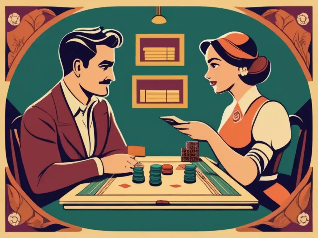 Dos personas inmersas en un juego de mesa vintage, reflejando la influencia de los juegos en conflictos y la resolución de problemas.