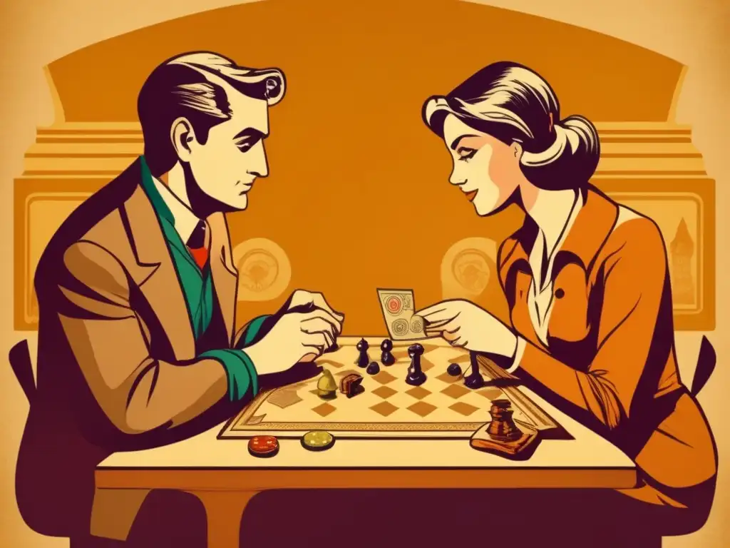 Dos personas juegan un juego de mesa antiguo, mostrando concentración e estrategia. <b>La ilustración evoca nostalgia y tradición.</b> <b>'Influencia de los juegos en conflictos'.