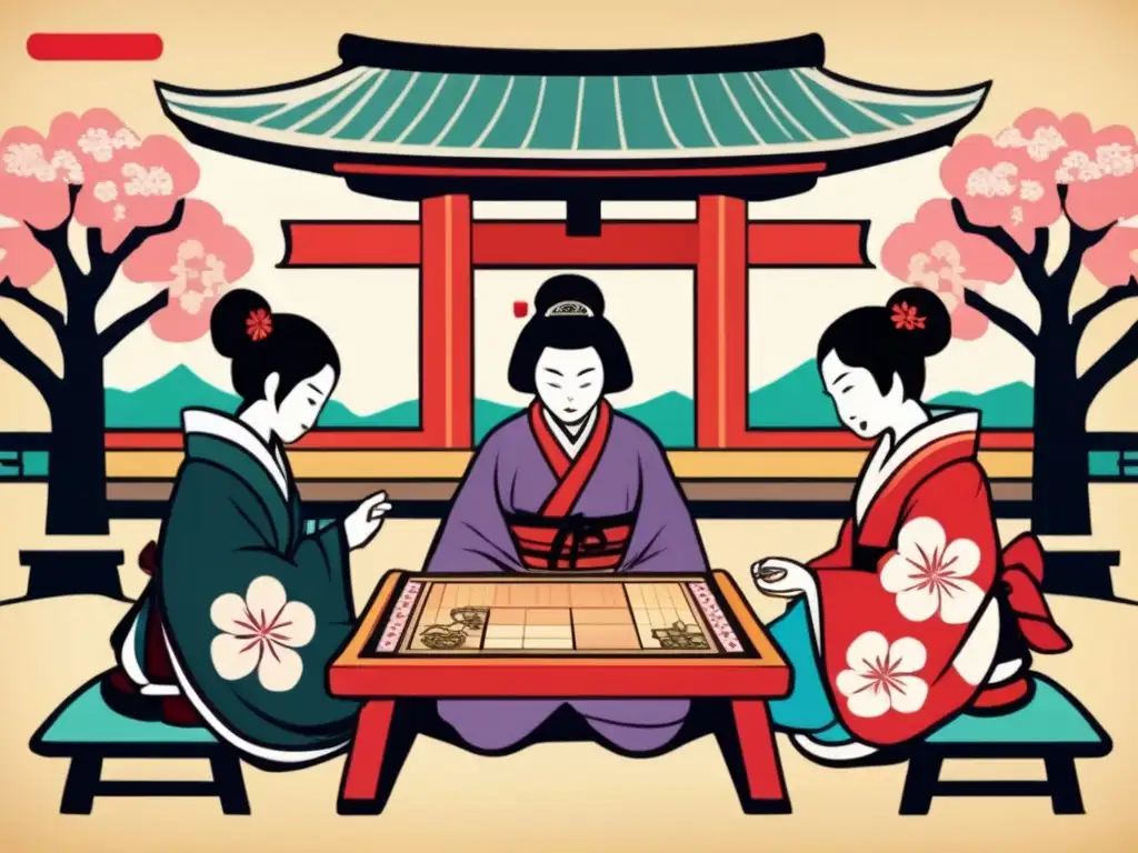 Personas en kimono juegan sugoroku en escenario tradicional japonés con árboles de cerezo y arquitectura típica. Expresiones de emoción y concentración capturan la esencia del origen y evolución del Sugoroku.