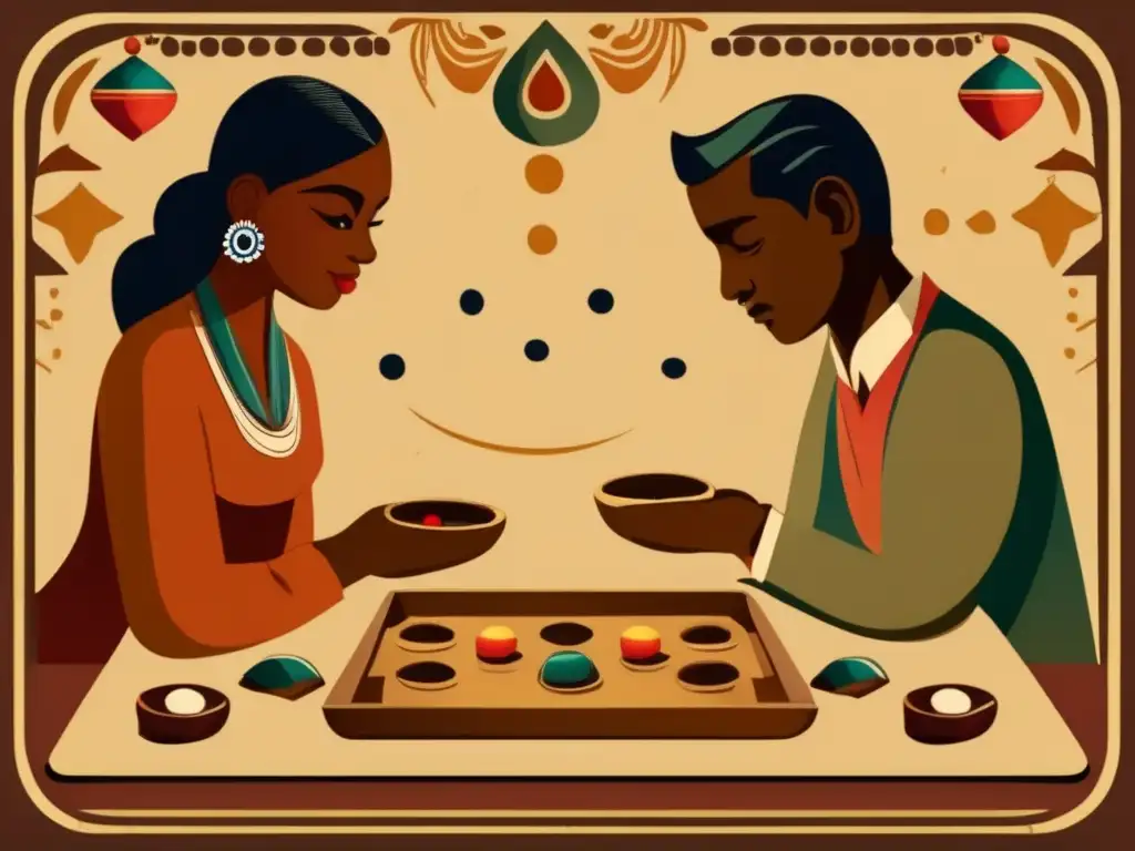 Dos personas juegan Mancala en una ilustración vintage. <b>Detalles históricos y culturales.</b> <b>Origen y evolución del juego Mancala.