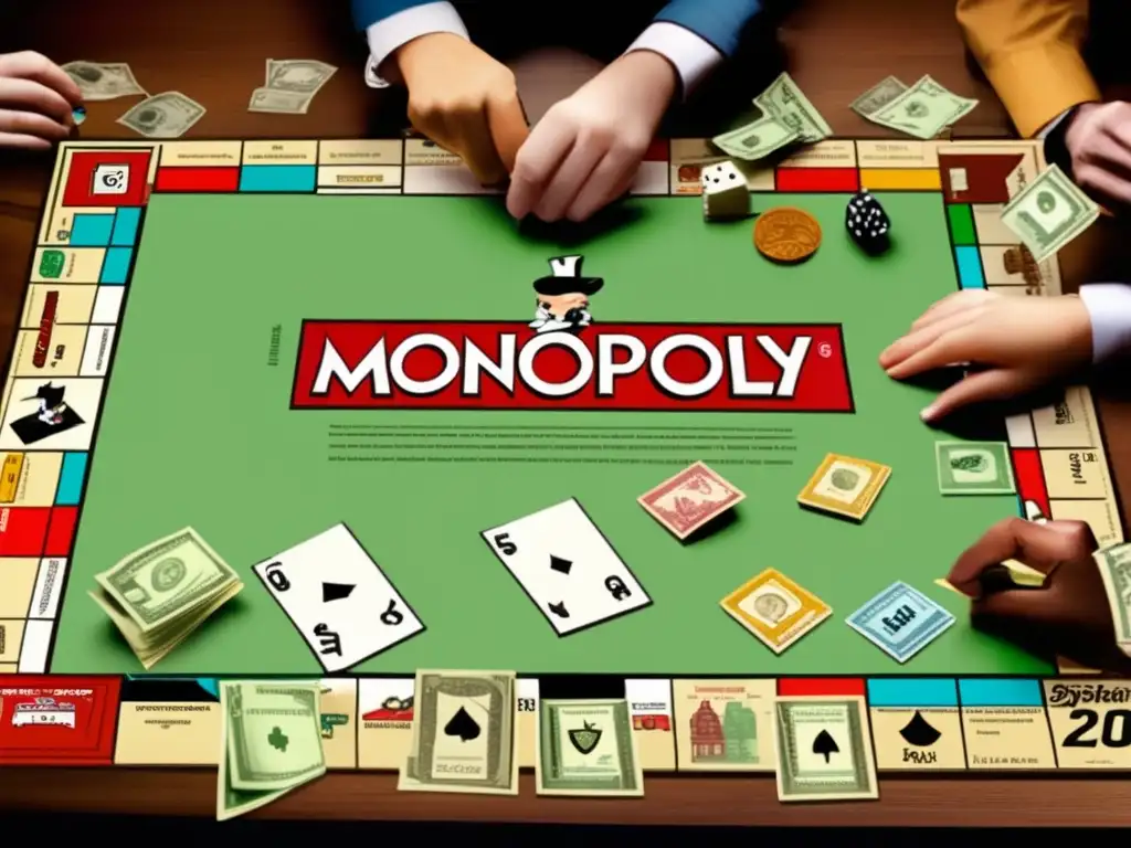 Ilustración vintage de personas jugando Monopoly en el siglo XX. El cálido tono sepia evoca nostalgia y el impacto cultural del juego Monopoly.