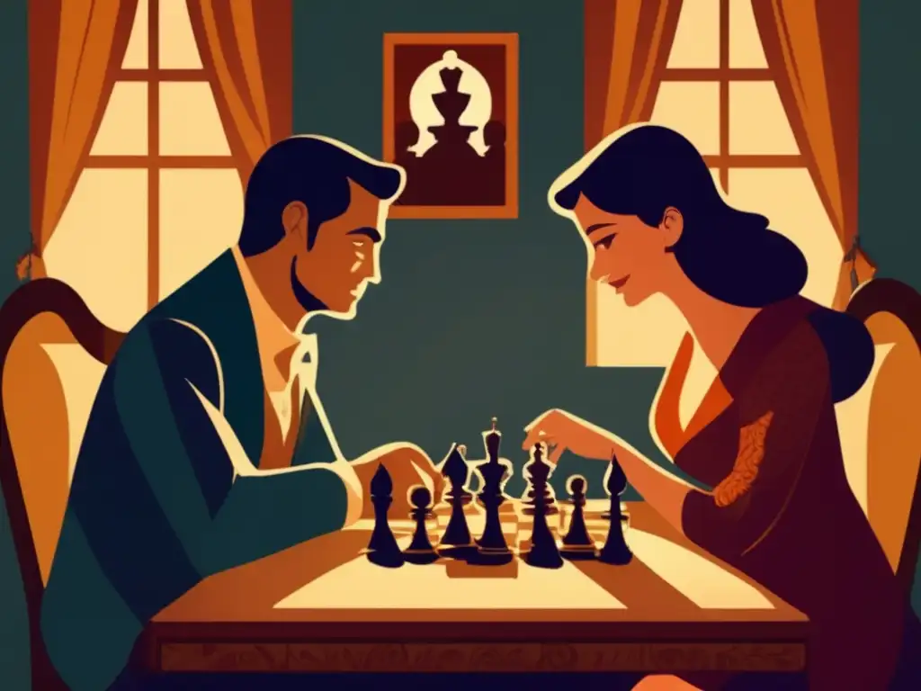 Dos personas disfrutan de una partida de ajedrez en una habitación acogedora y tenue, evocando los beneficios terapéuticos del ajedrez.