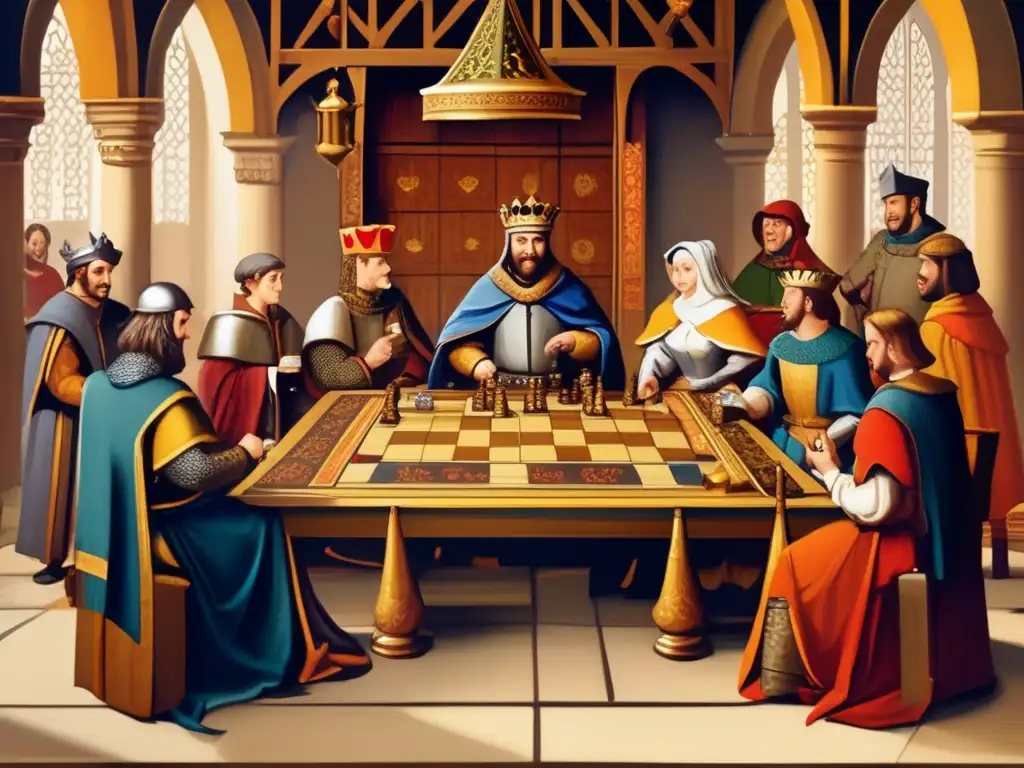 Una pintura de la corte medieval jugando juegos de estrategia, con detalles intrincados y una atmósfera de opulencia y camaradería.