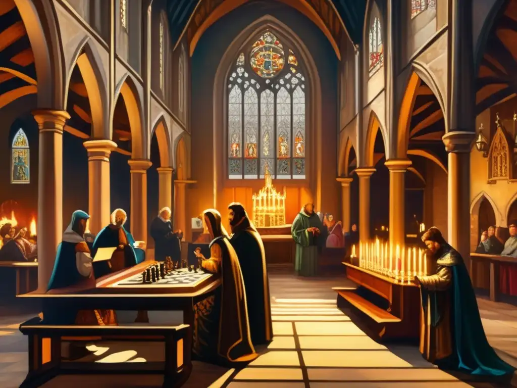 Una pintura detallada de una iglesia medieval con juegos simbólicos y figuras en vestimenta religiosa. <b>El cálido resplandor de las velas ilumina la escena, creando una atmósfera de espiritualidad atemporal.
