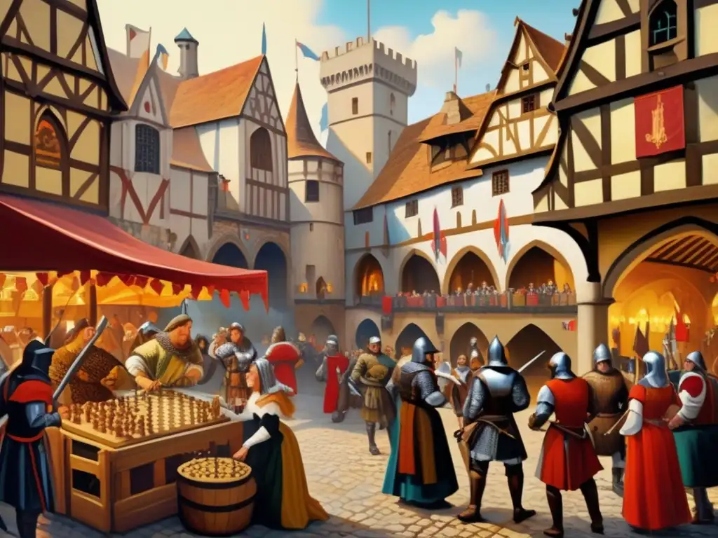 Una pintura al óleo detallada que muestra un bullicioso mercado medieval con juegos y entretenimiento, destacando el impacto cultural de los juegos en la historia y el arte.