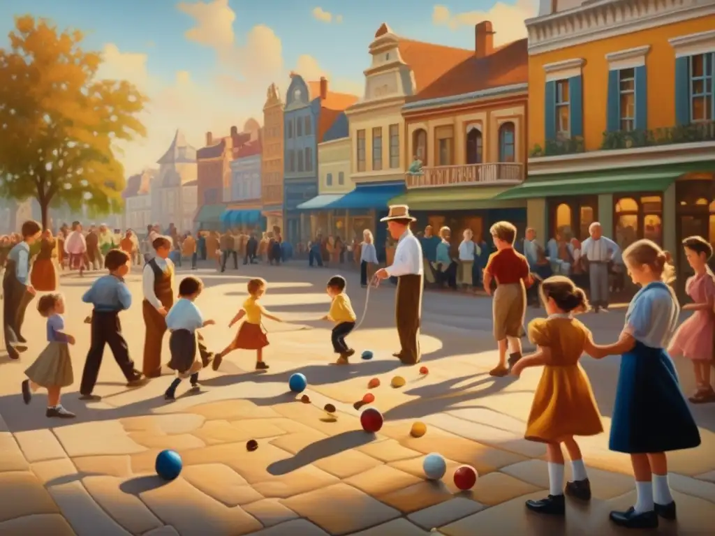 Una pintura al óleo detallada y vintage que retrata una bulliciosa plaza llena de gente de todas las edades participando en juegos tradicionales como canicas, rayuela y cuerda. La cálida luz dorada baña la escena, creando largas sombras dramáticas mientras los niños juegan y ríen