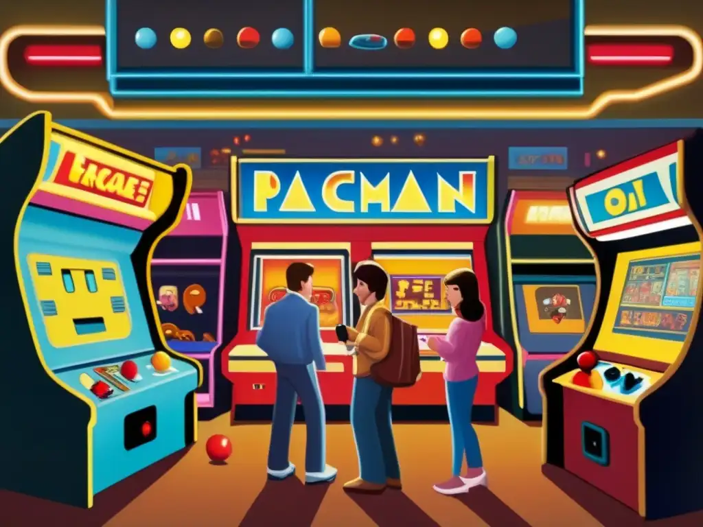 Una pintura al óleo detallada y vintage de un bullicioso arcade de los años 80, capturando la trascendencia cultural de los videojuegos.