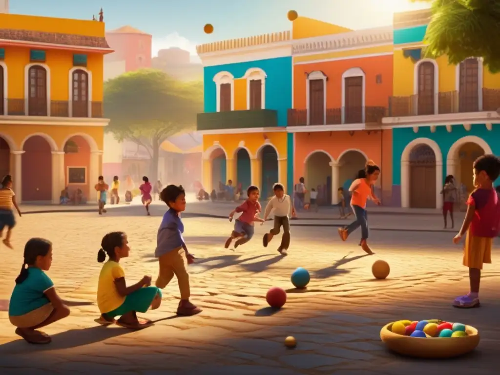 En la pintura, una plaza bulliciosa con juegos tradicionales, niños jugando y edificios coloridos en un ambiente latinoamericano.