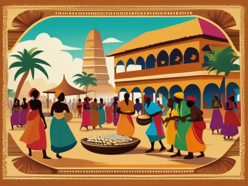 Una pintura vibrante que captura la cultura swahili y sus juegos tradicionales, con un bullicioso mercado de fondo.
