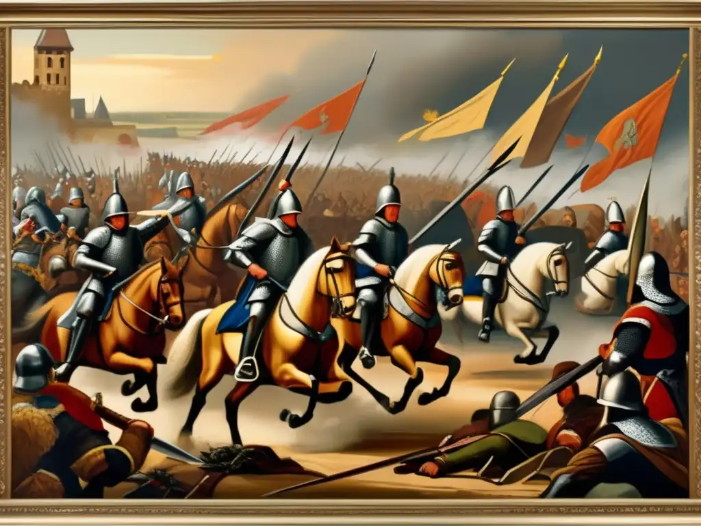Pintura vintage que retrata una gran batalla estratégica de la historia europea, con soldados, banderas y armas medievales. <b>Captura el impacto cultural de los juegos de estrategia en Europa.