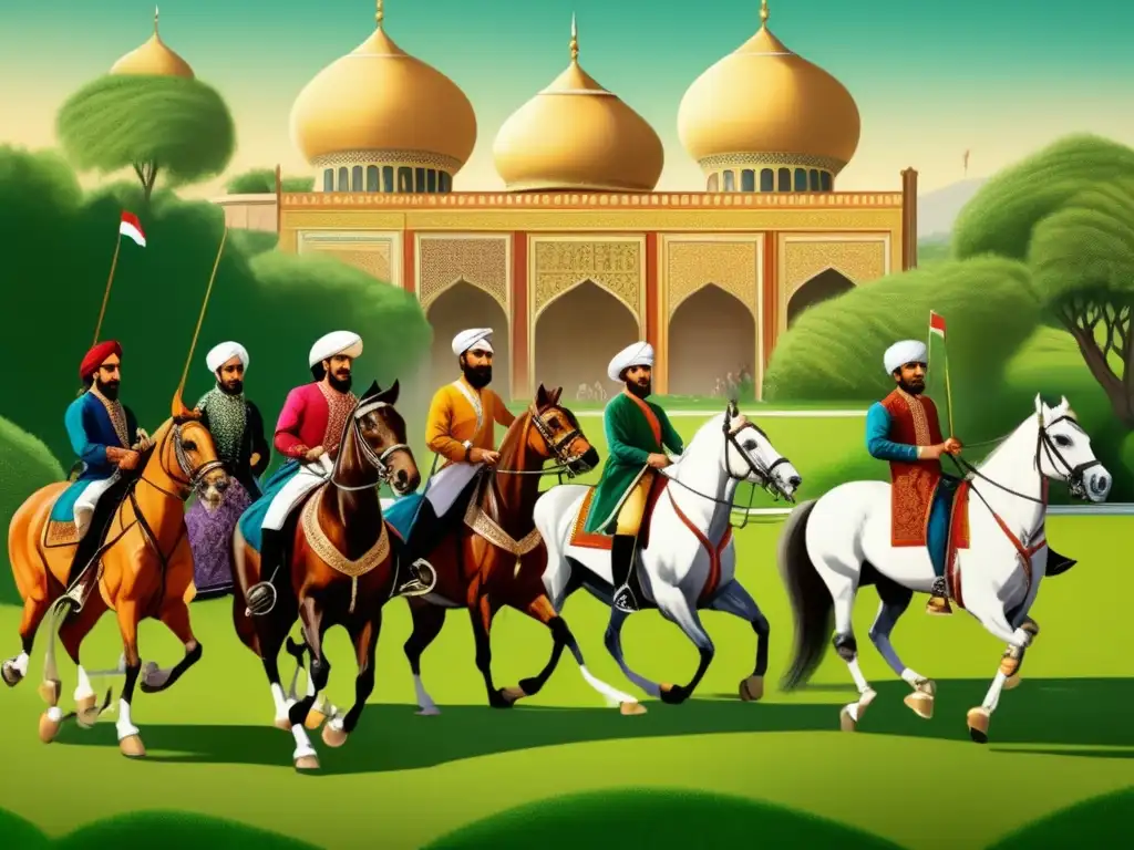 Pintura vintage de nobles persas jugando polo a caballo, con paisajes exuberantes y arquitectura ornamentada. <b>Refleja el origen y evolución del Polo.