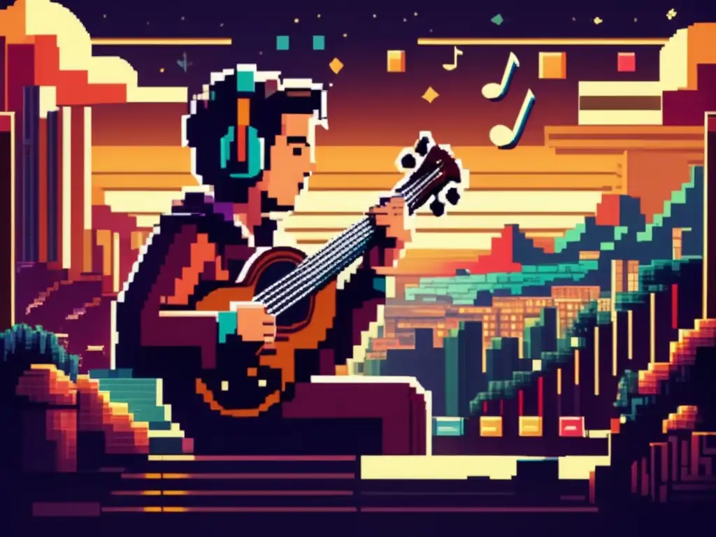 Un pixelado personaje de videojuego toca un instrumento rodeado de notas musicales y carretes de película, mientras paisajes icónicos de películas se funden con el mundo de los videojuegos. La paleta cálida y nostálgica evoca la trascendencia de la música en videojuegos.
