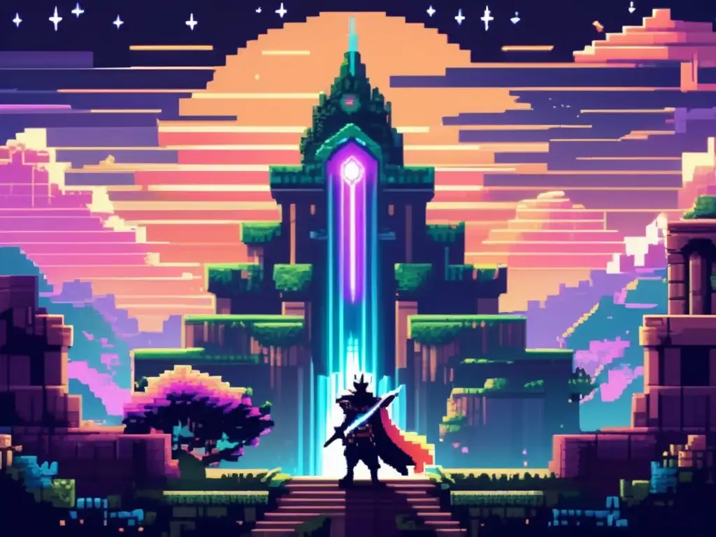Una poderosa deidad en pixel art observa un paisaje místico. <b>Representación de deidades en videojuegos.