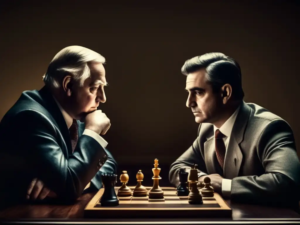 Dos políticos juegan ajedrez en un ambiente tenso y dramático, reflejando la influencia del ajedrez en líderes políticos.