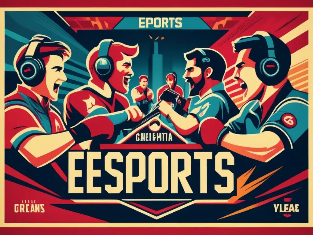 Un póster vintage con una dramática representación teatral de competidores de eSports, capturando la emoción y la intensidad del mundo del gaming. La influencia cultural de los eSports se refleja en la atmósfera teatral y el diseño dinámico del póster.