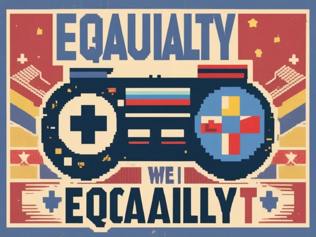 Un póster vintage de alta resolución con un mando de videojuegos pixelado rodeado de símbolos de movimientos sociales y políticos. <b>Representa la inclusión y la unidad en la comunidad de videojuegos, con un aspecto envejecido que evoca nostalgia.</b> <b>Impacto de los videojuegos en campañas.