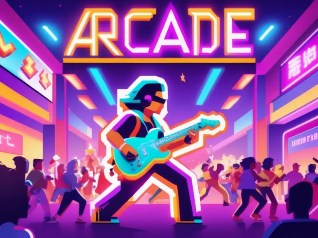 Un póster vintage muestra un personaje de videojuego tocando la guitarra eléctrica en un arcade neón, rodeado de fans entusiastas. La atmósfera vibrante y nostálgica evoca la influencia de la música de los videojuegos en la cultura pop.