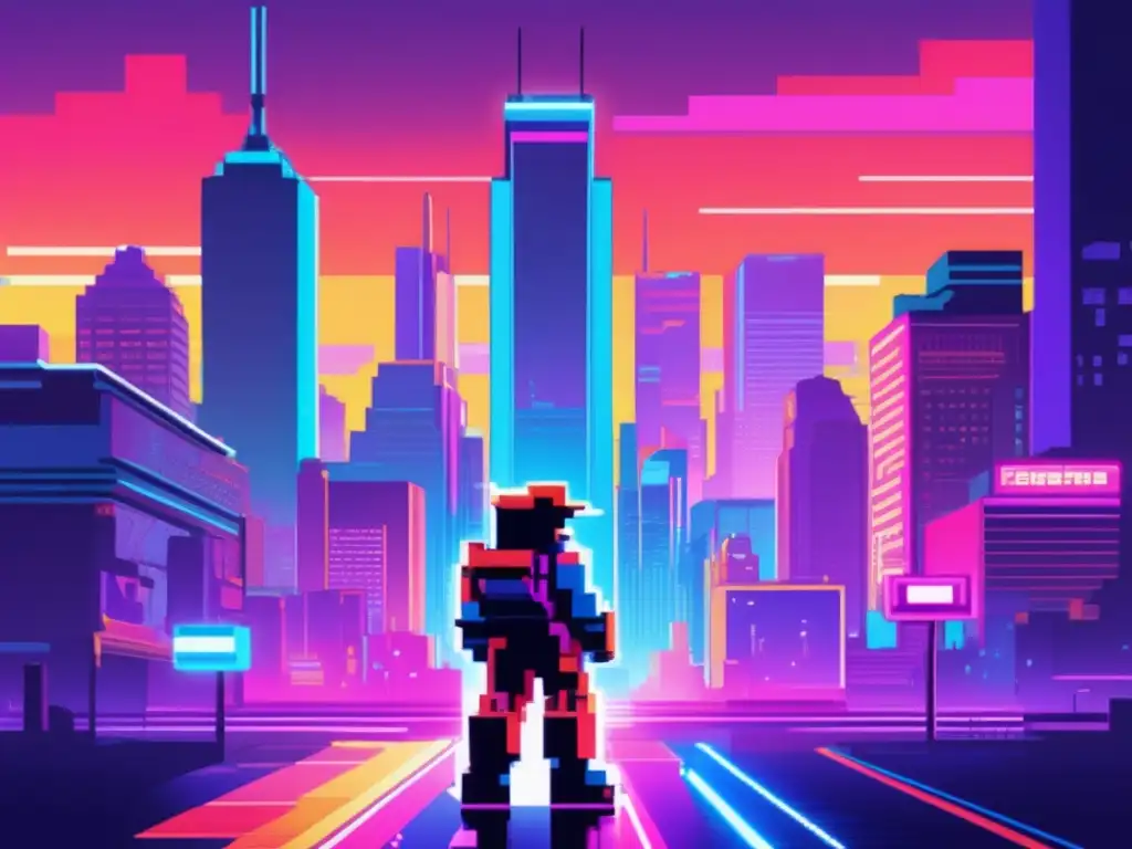 Un póster vintage muestra un personaje de videojuego pixelado en una ciudad retro vibrante. <b>Reconocimiento diseño gráfico videojuegos.