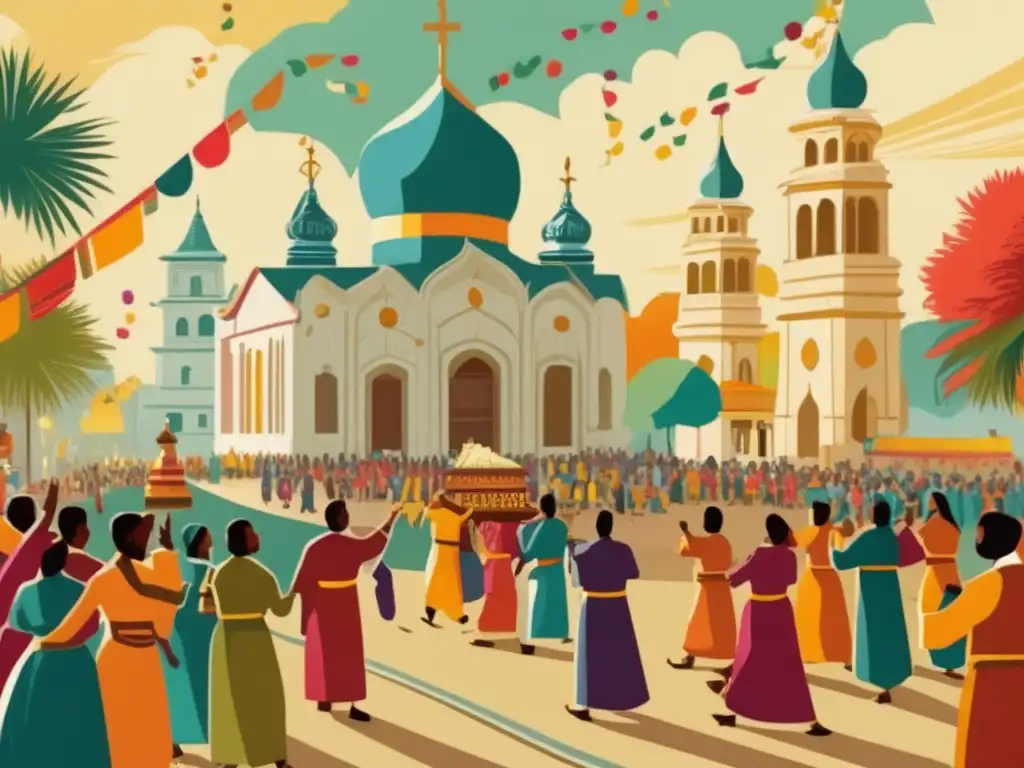 Una ilustración vintage de una procesión religiosa con juegos tradicionales y celebraciones festivas frente a una iglesia histórica. <b>Detalles vibrantes y ambiente festivo.</b> <b>Función de los juegos en celebraciones.