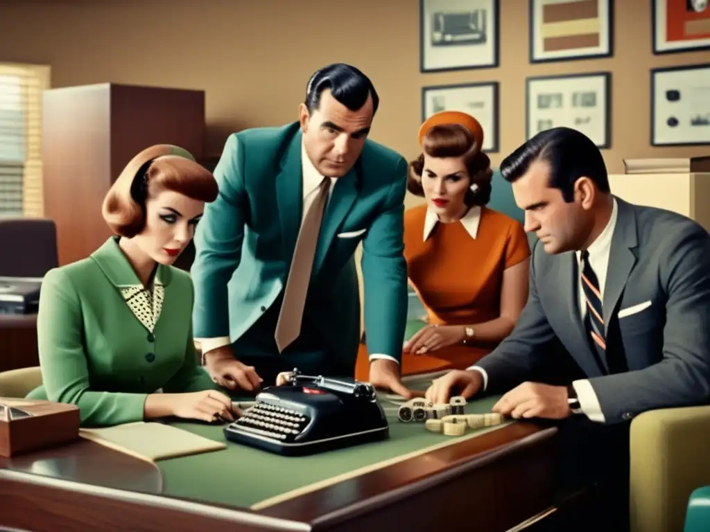 Profesionales concentrados en un juego estratégico en una oficina vintage de los 60, fomentando la concentración laboral.