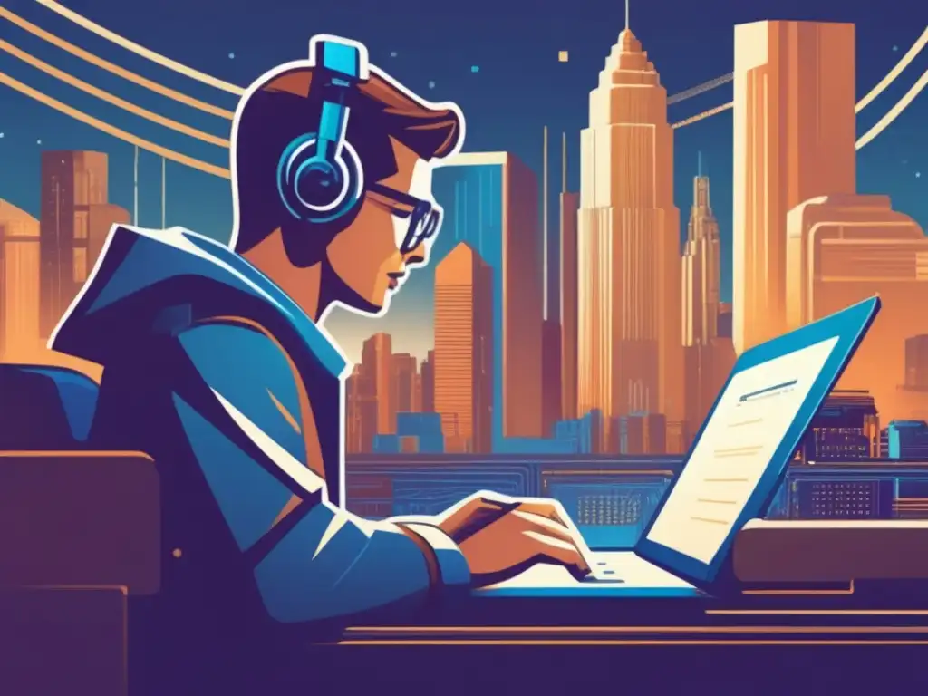 Un programador vintage crea juego en Blockchain paso a paso, rodeado de líneas de código y una ciudad futurista.