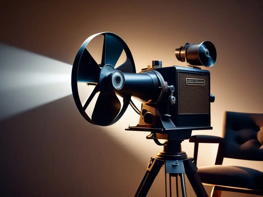 Un proyector de cine vintage proyecta luz sobre una pared blanca mientras flotan partículas de polvo y se distingue la silueta de una silla de director en primer plano. <b>Adaptar experiencia juego guion cinematográfico.