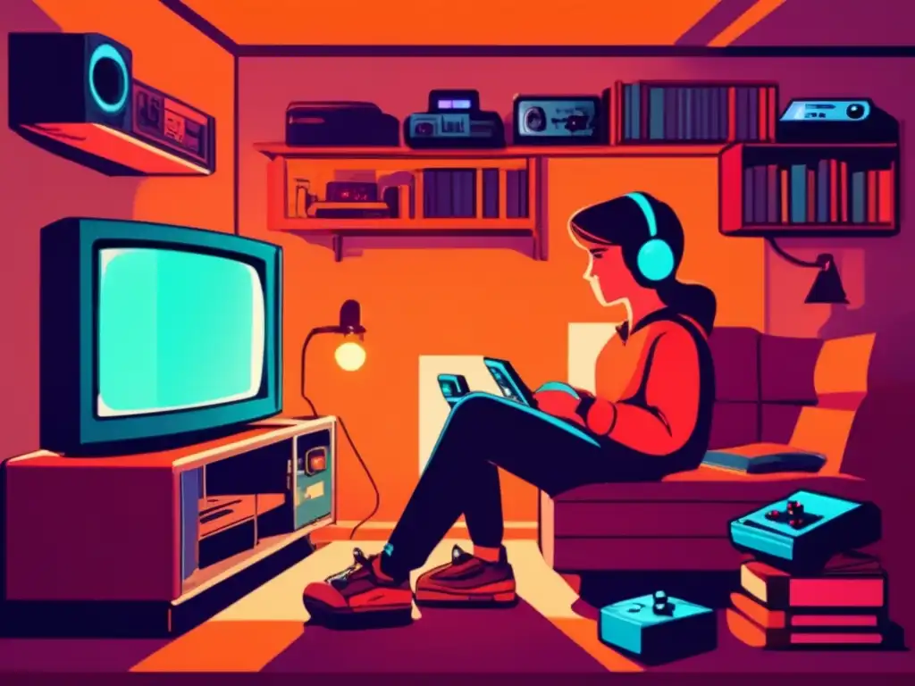 Inmersión en la psicología de los videojuegos: Un ambiente nostálgico con videoconsolas antiguas y memorabilia retro.