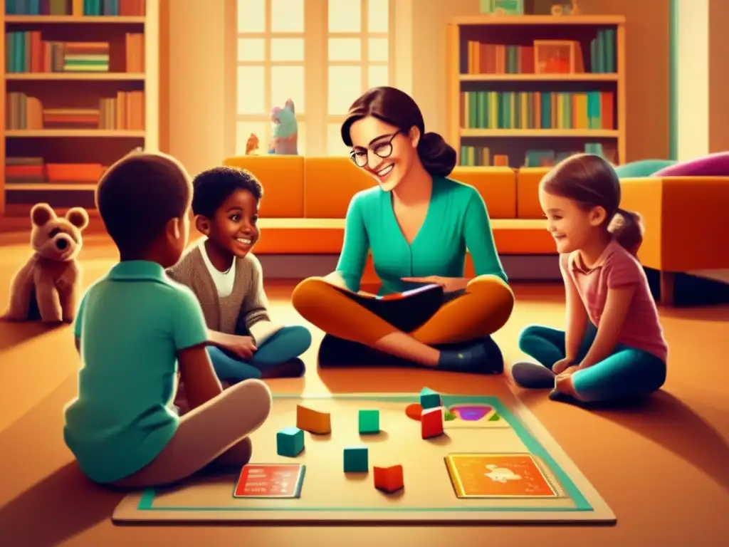 Un psicólogo infantil sonriente juega con niños en un ambiente cálido y acogedor. <b>Uso de juegos en intervención psicológica.