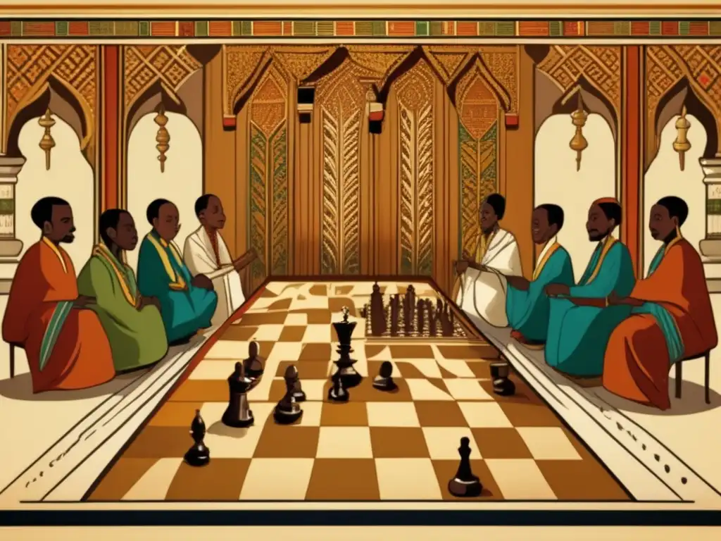 Ilustración vintage de la realeza etíope jugando ajedrez en un palacio decorado, evocando la historia del ajedrez etíope.