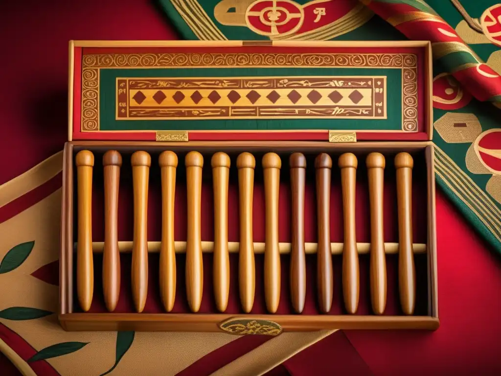 Renacimiento de juegos de palillos en Asia: juego de palillos vintage con detalles pintados, sobre un paño de seda tradicional.