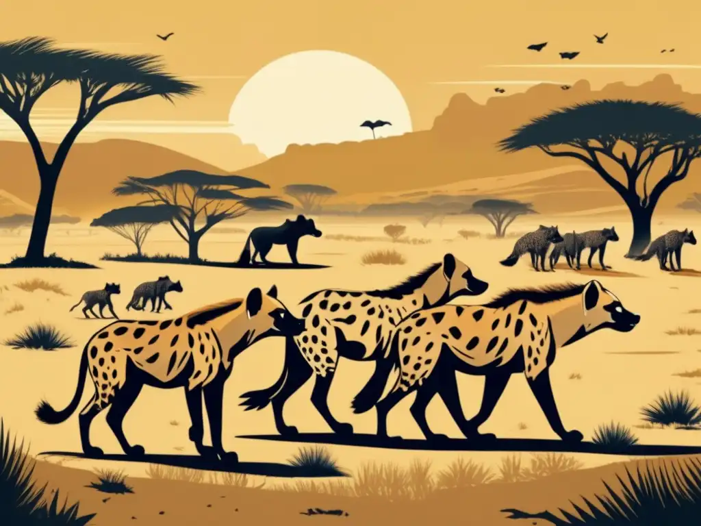 Una ilustración vintage de alta resolución de un grupo de hienas interactuando en la sabana africana, capturando su significado simbólico.