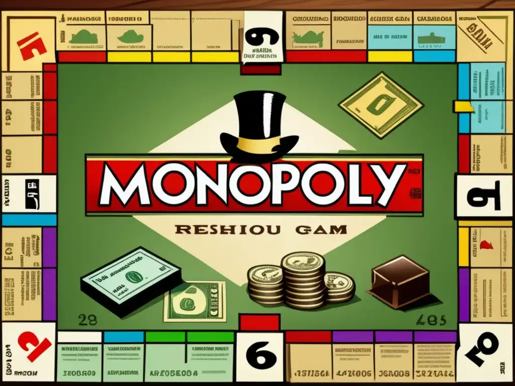 Una ilustración vintage de alta resolución del juego de mesa Monopoly, con detalles intrincados en las piezas, propiedades y dinero. <b>El tablero ligeramente desgastado descansa sobre una mesa de madera con una cálida iluminación, evocando nostalgia e historia.</b> Captura la esencia de la representación del