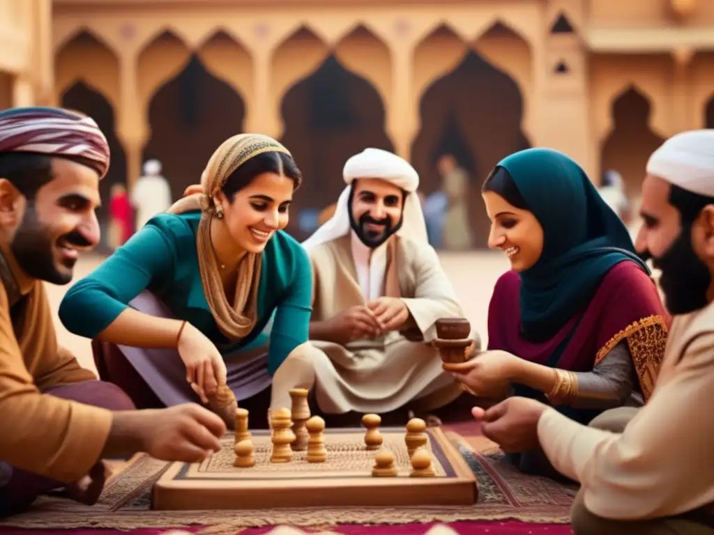 Una fotografía vintage de alta resolución muestra a personas disfrutando de juegos tradicionales en un bullicioso mercado del Medio Oriente. <b>Captura la rica atmósfera cultural y la preservación de juegos tradicionales en Medio Oriente.