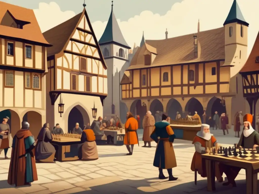 Una ilustración vintage de alta resolución muestra una plaza medieval europea. <b>En primer plano, estudiosos y nobles juegan ajedrez estratégico, mientras en el fondo, los aldeanos realizan sus rutinas diarias.</b> La paleta cromática cálida y la arquitectura detallada evocan historia y