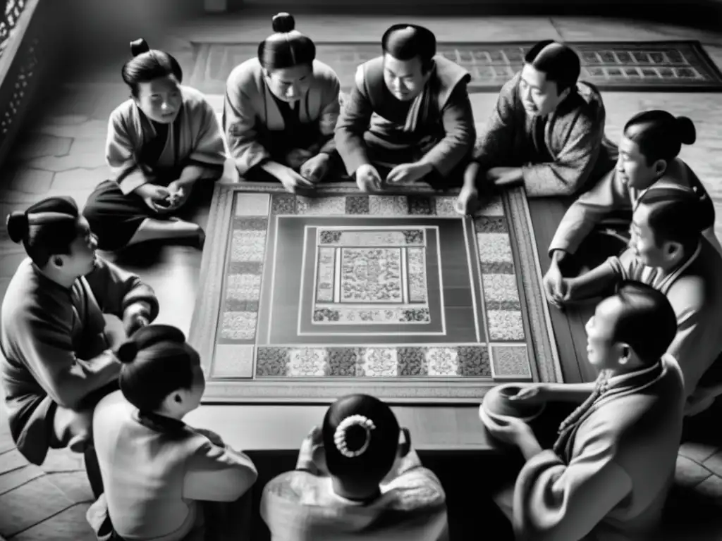 Un retrato en blanco y negro de una partida de Majiang, con jugadores concentrados y detalles tradicionales. <b>Influencia del Majiang en cultura.