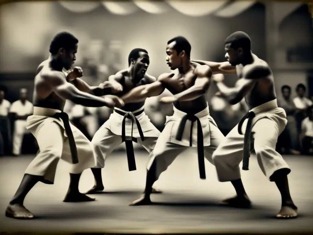 Un retrato en blanco y negro de practicantes de capoeira en pleno movimiento, transmitiendo la energía dinámica y la historia de la capoeira.