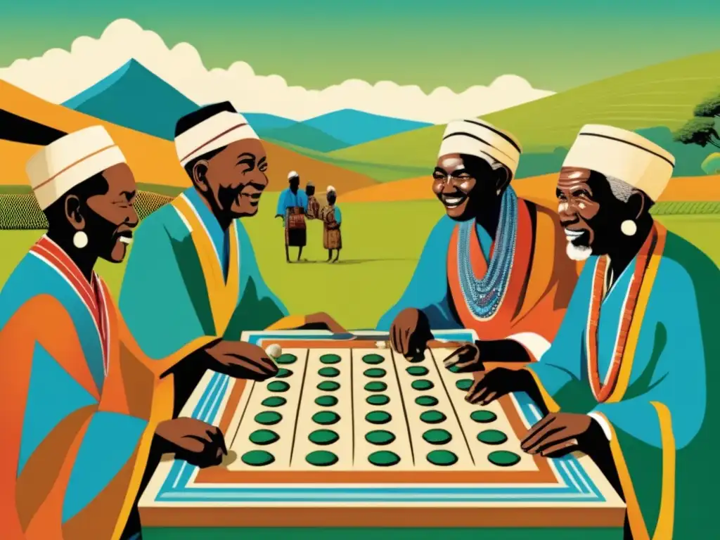 Un retrato nostálgico de ancianos Kikuyu jugando Giuthi, con detalles intrincados del tablero y piezas del juego tradicional, en un escenario de verdes colinas y cielo azul. <b>Las expresiones concentradas de los ancianos transmiten la profunda importancia cultural del juego.</b> Los col