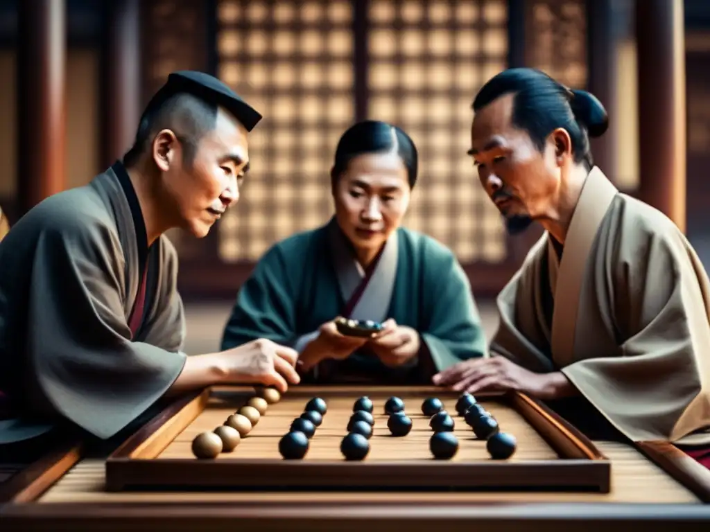 Un retrato nostálgico de personas jugando Weiqi (Go) en un entorno tradicional chino, evocando raíces filosóficas del juego de tablero chino.