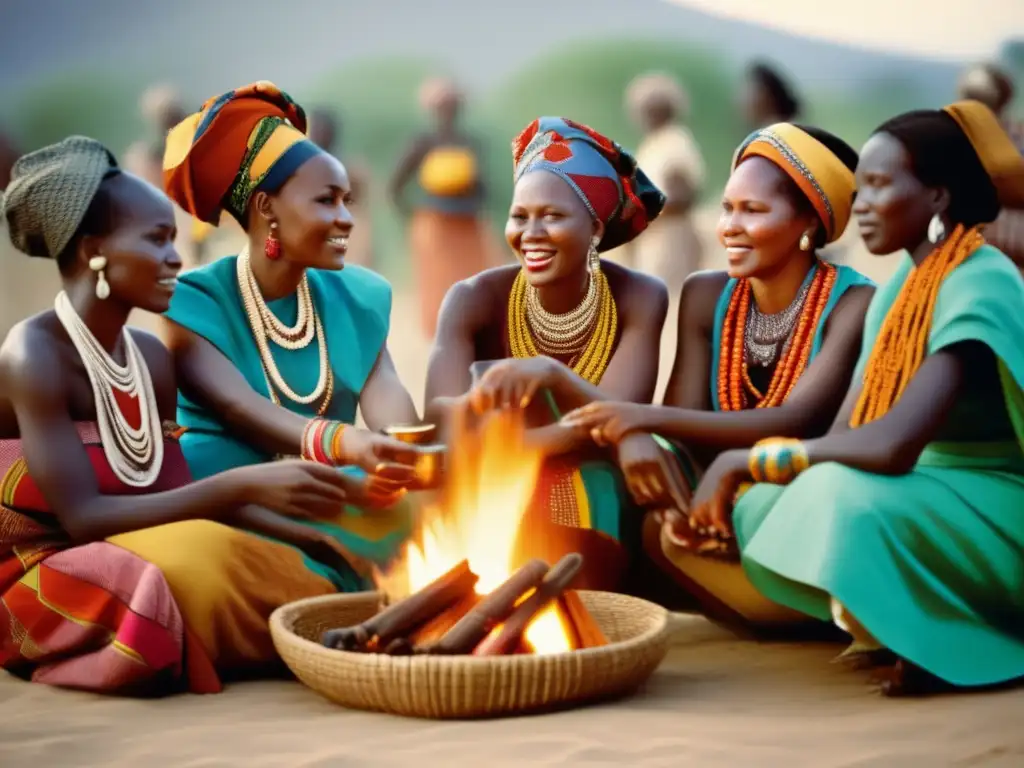 Un retrato vibrante de mujeres africanas en un ritual cultural, mostrando variantes regionales damas africanas con adornos y textiles tradicionales.