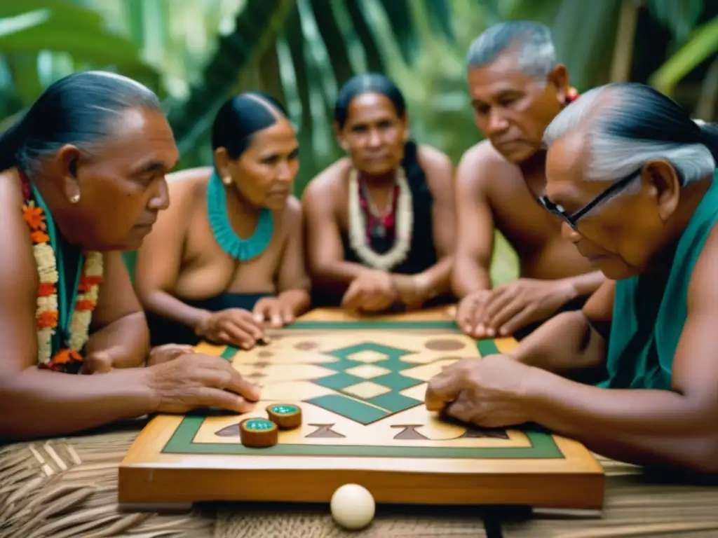 Un retrato vintage de ancianos indígenas micronesianos inmersos en un juego estratégico tradicional, rodeados de una exuberante vegetación. El intenso enfoque en sus rostros refleja la importancia cultural de los juegos de estrategia en Micronesia.