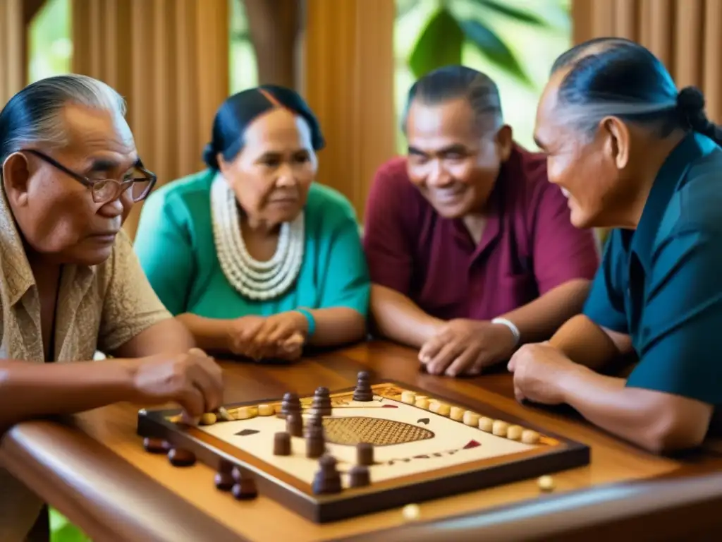 Un retrato vintage de ancianos micronesios jugando un juego de estrategia tradicional, mostrando el impacto cultural de los juegos de estrategia en Micronesia.