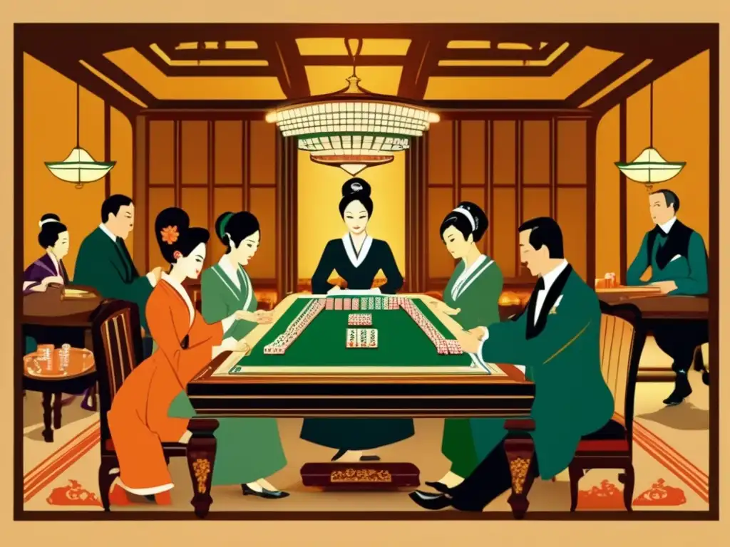 Un retrato vintage de europeos elegantes jugando mahjong en un lujoso salón, destacando la historia y evolución del mahjong en Europa.