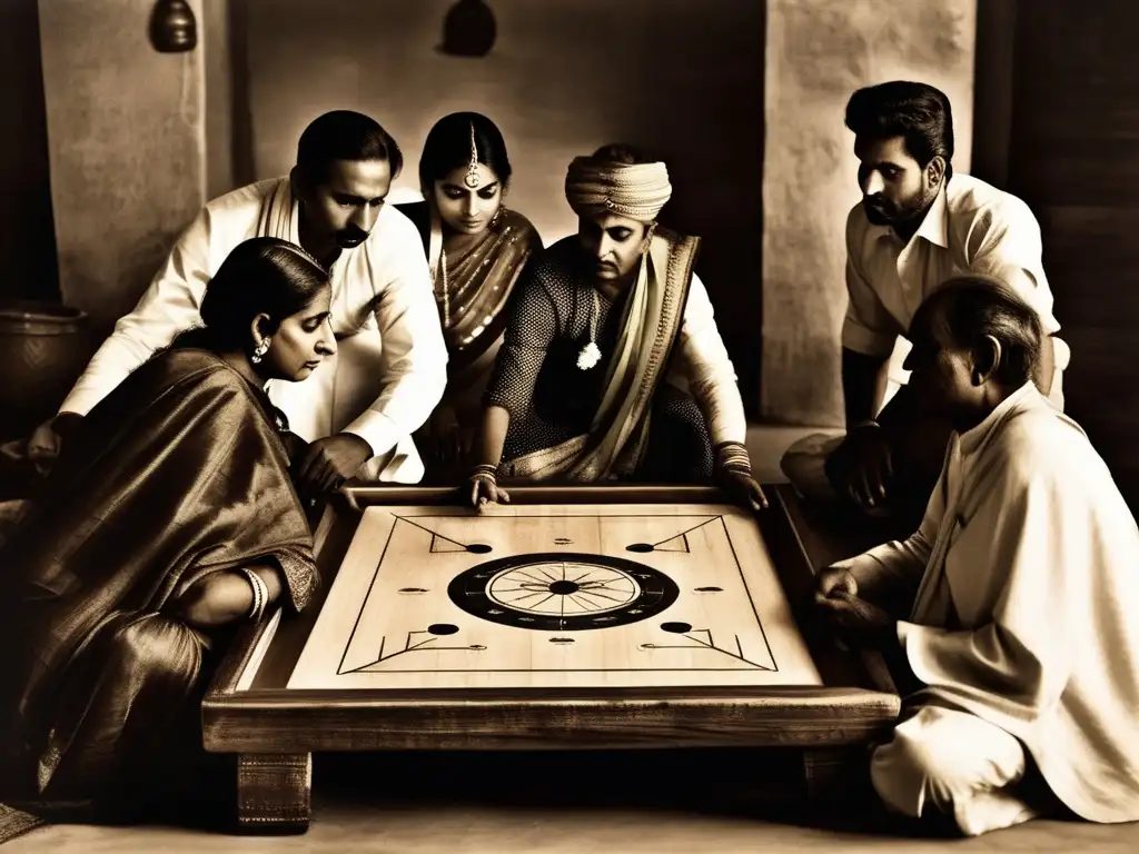 Un retrato vintage de la historia del carrom en India, con personas concentradas jugando.