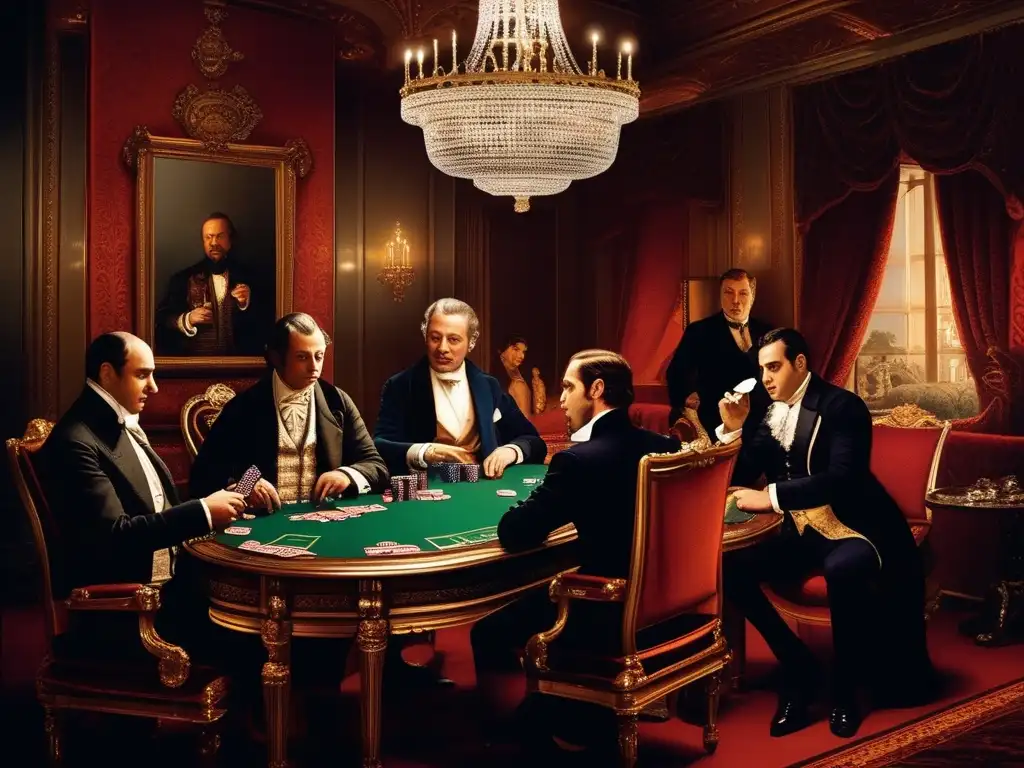 Un retrato vintage de nobles europeos jugando póker en un lujoso salón del siglo XIX, exudando sofisticación y opulencia. <b>Origen histórico del póker en Europa.